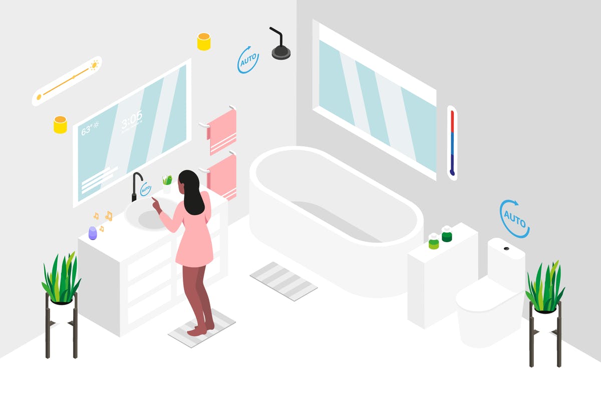 智能家居浴室等距概念图矢量插画 Smart Home Bathroom Isometric Illustration插图