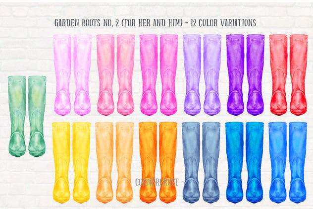 花园高筒靴系列水彩插图 Watercolor Garden Boots Collection插图(2)