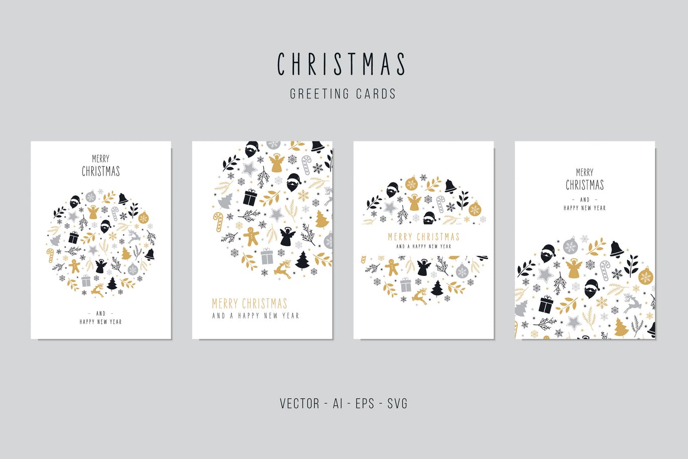 创意圣诞节元素图案组合圆形圣诞节矢量贺卡设计模板 Christmas Greeting Vector Card Set插图