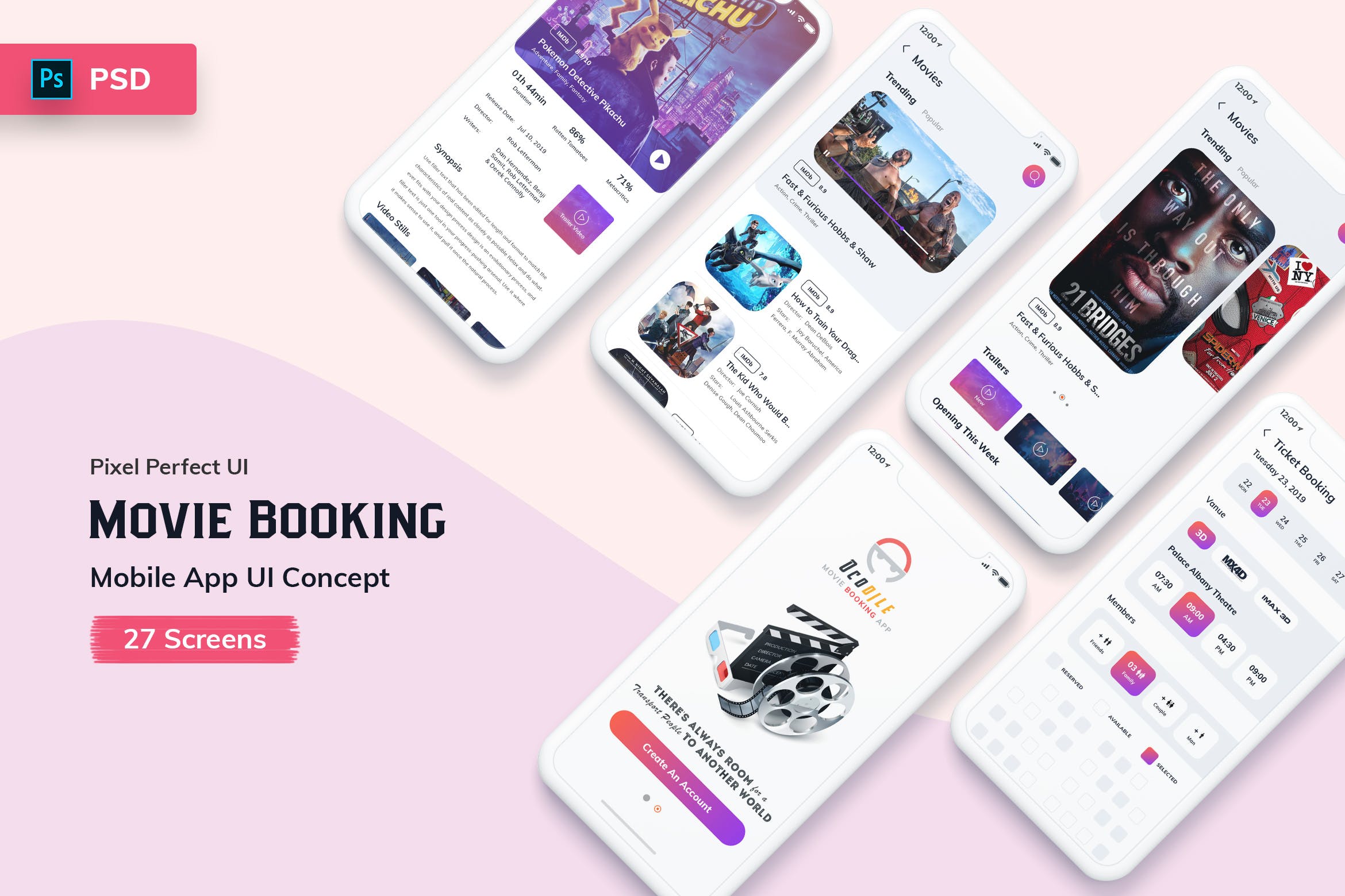 电影票预订APP应用UI设计套件PSD模板 Ocodile-Movie Booking Mobile App UI Kit Light插图