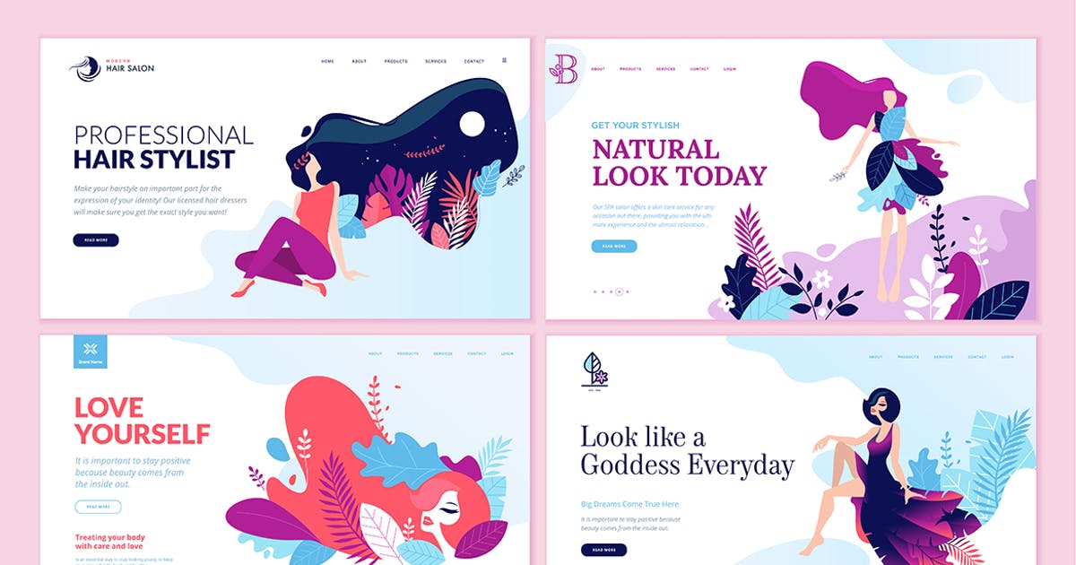 女性时尚品牌网站设计概念插画素材 Set of Beauty Web Page Design Templates插图