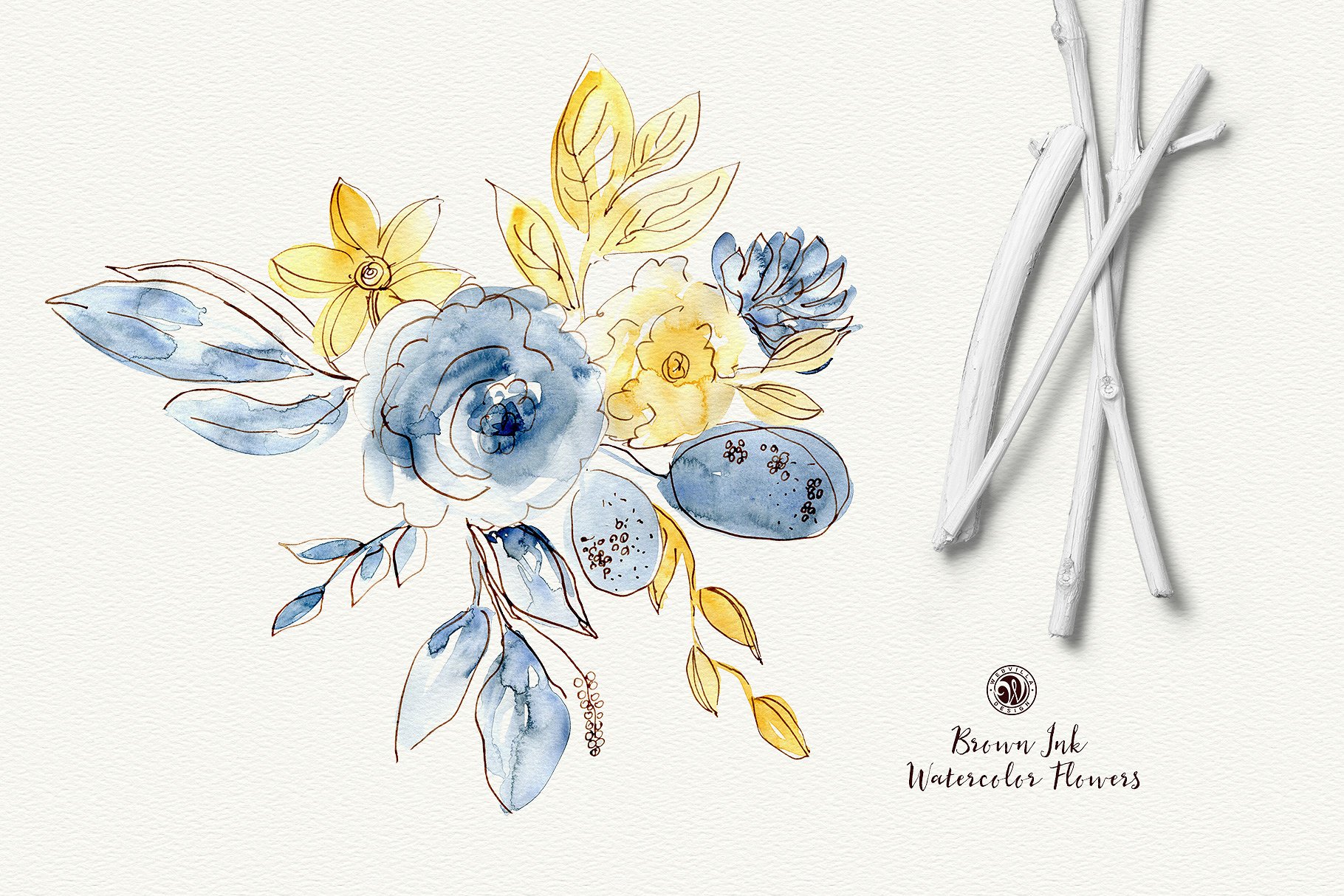 棕色油墨手绘水彩花卉元素 Brown Ink Watercolor Flowers插图1