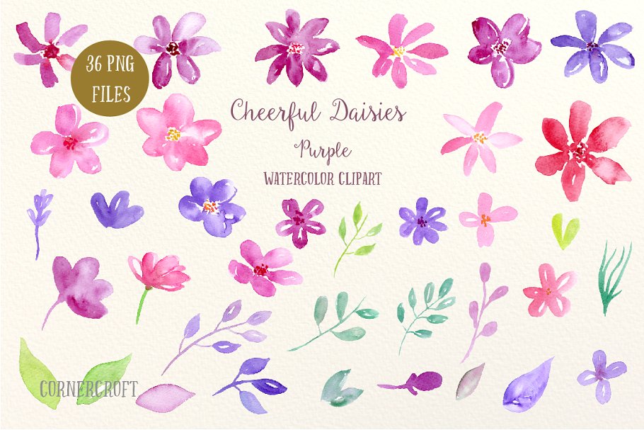 紫色主题雏菊花卉＆装饰元素集合 Watercolor Cheerful Daisy Purple插图1
