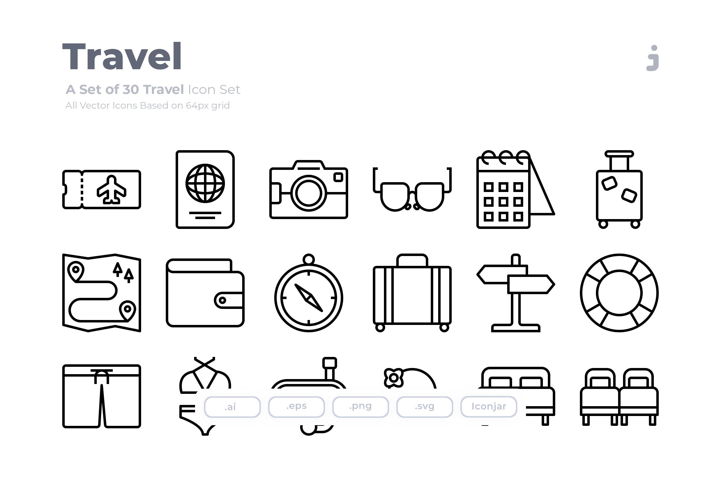 30枚旅行旅游主题Outline风格矢量图标 30 Travel Icons – Outliner插图