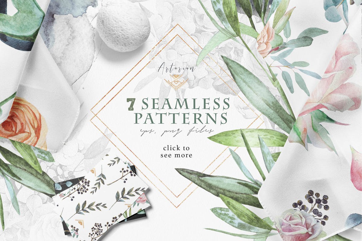 无缝水彩花卉插画纹理 Seamless patterns “Artarian” vol.2.3插图