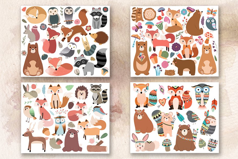 110个林地动物手绘动物插画剪贴画 110 pc Huge Woodland Clipart Set插图