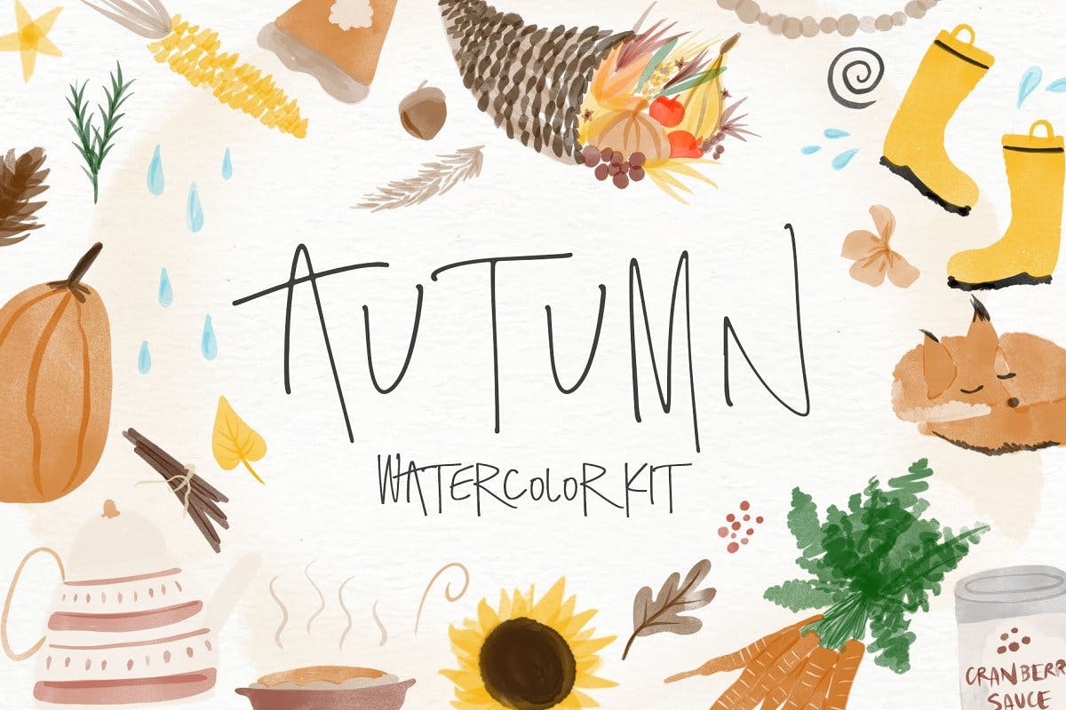 秋天主题水彩手绘图案设计素材包 Autumn Watercolor Kit插图