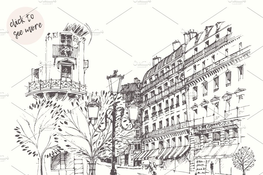 法国巴黎街景素描图形 Streets of Paris, France插图1