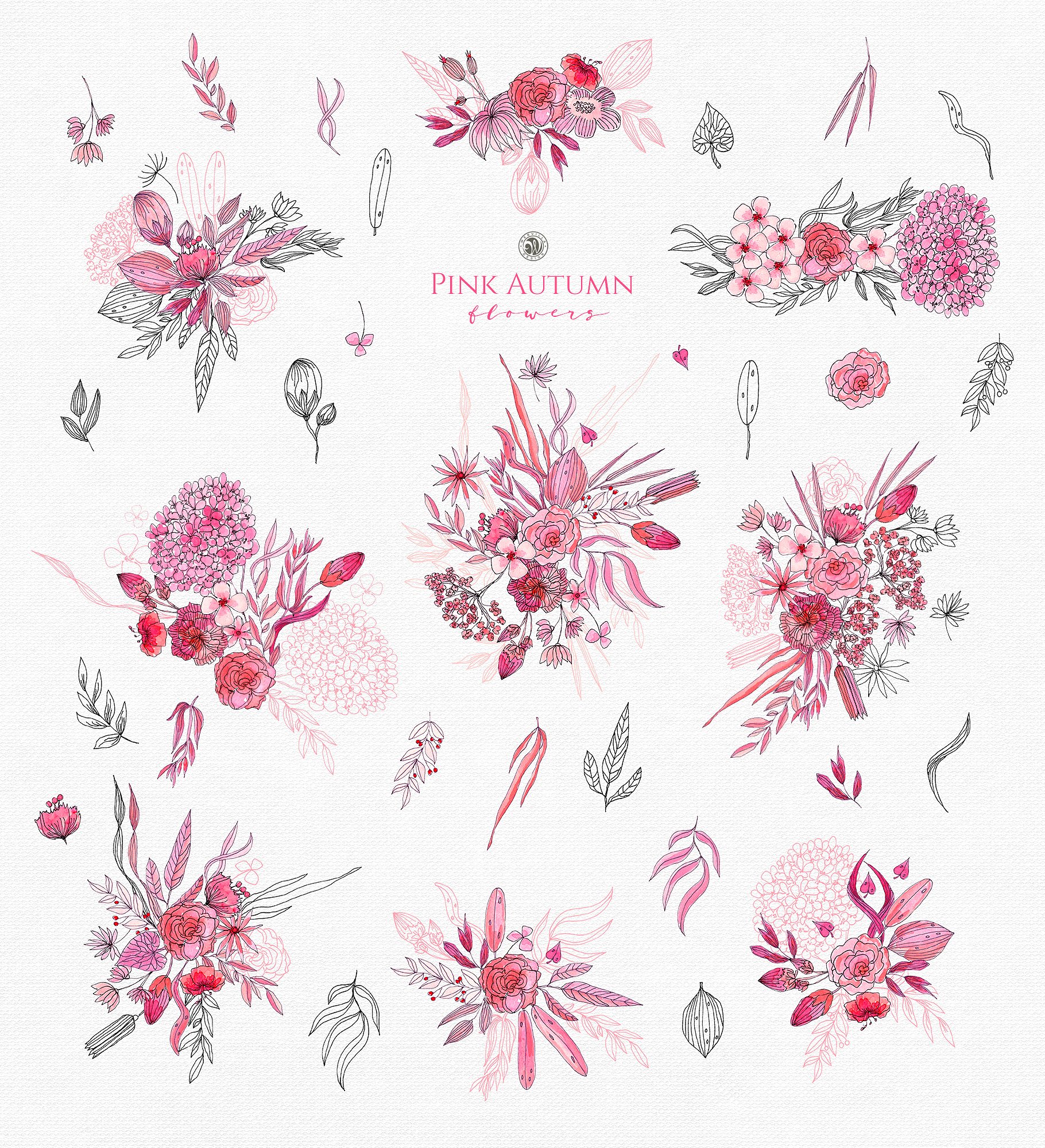 粉红水墨秋季水彩花卉插画 Pink Autumn Flowers插图(6)