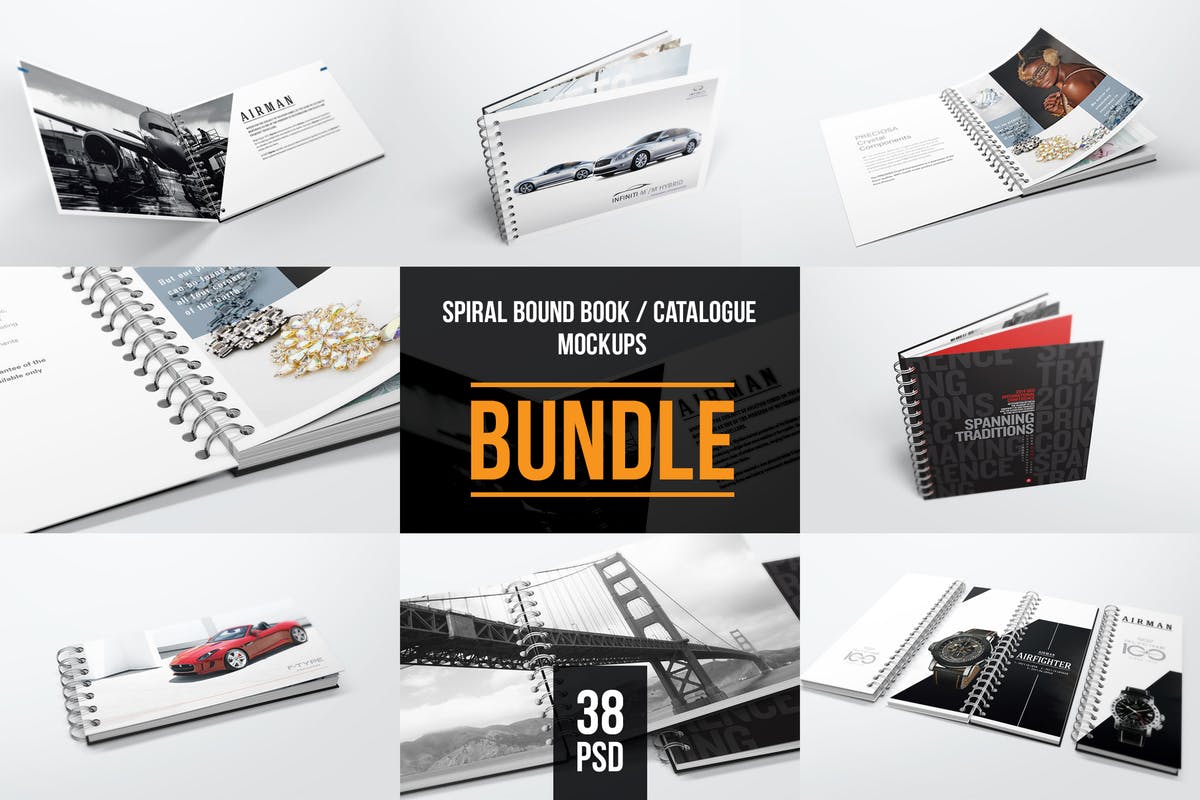 活页装订图书/目录样机 Spiral Bound Book / Catalogue Bundle Mockups插图