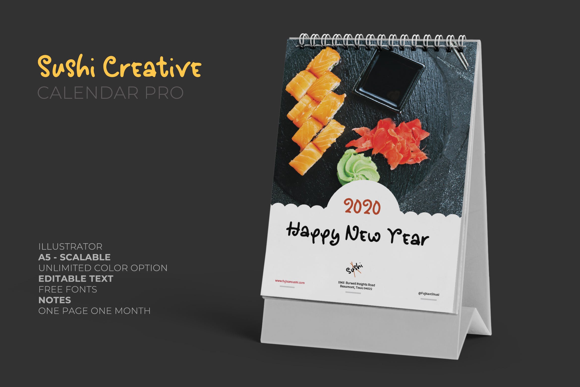 寿司日式料理店定制设计2020年日历表设计模板 2020 Sushi Asian Resto Creative Calendar Pro插图