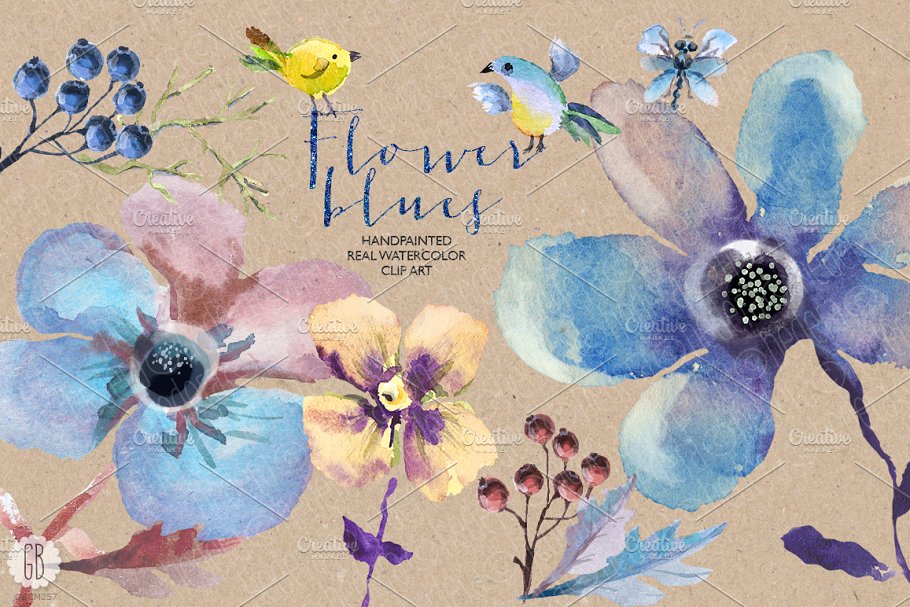 花朵、鸟儿、蝴蝶及乡村背景元素  Aquarelle blue flowers插图(3)