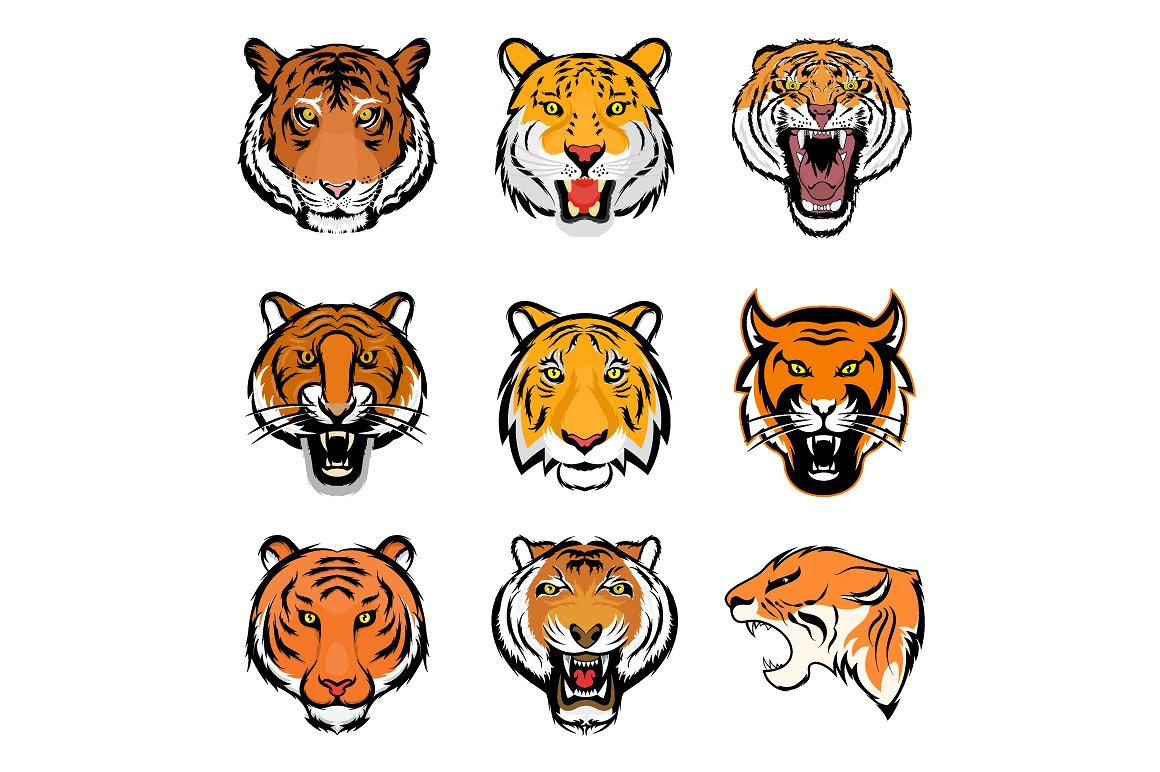 9款凶猛的老虎头部矢量图标 9 Tiger Face Vector Illustrations插图