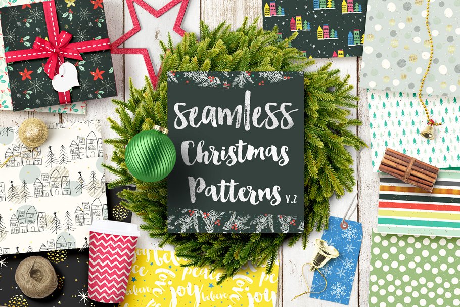 圣诞节主题礼品包装纸张图案纹理v2 Christmas Seamless Patterns v.2插图