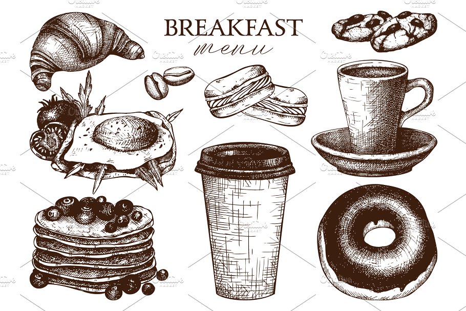 墨水手绘老式早餐模板设计元素 Hand Drawn Breakfast Design插图1