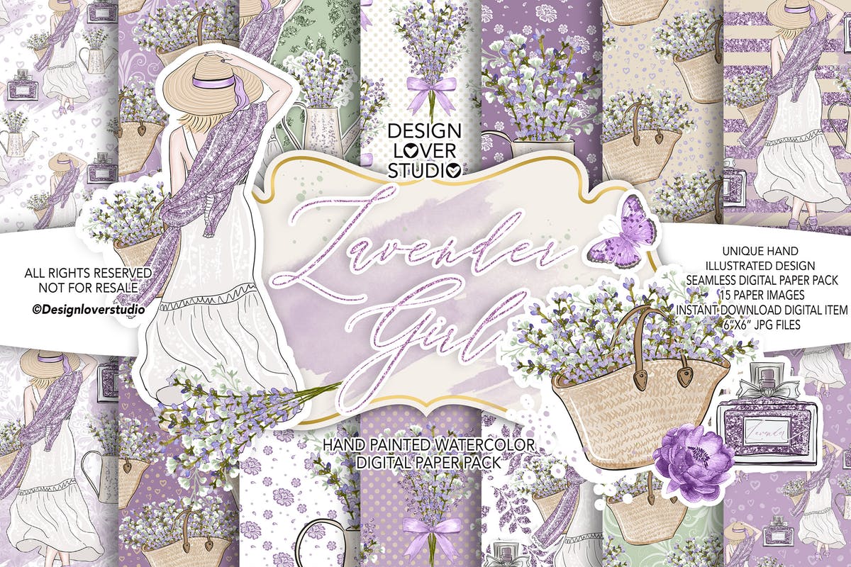 薰衣草少女主题礼品包装纸张图案纹理套装 Lavender Girl digital paper pack插图