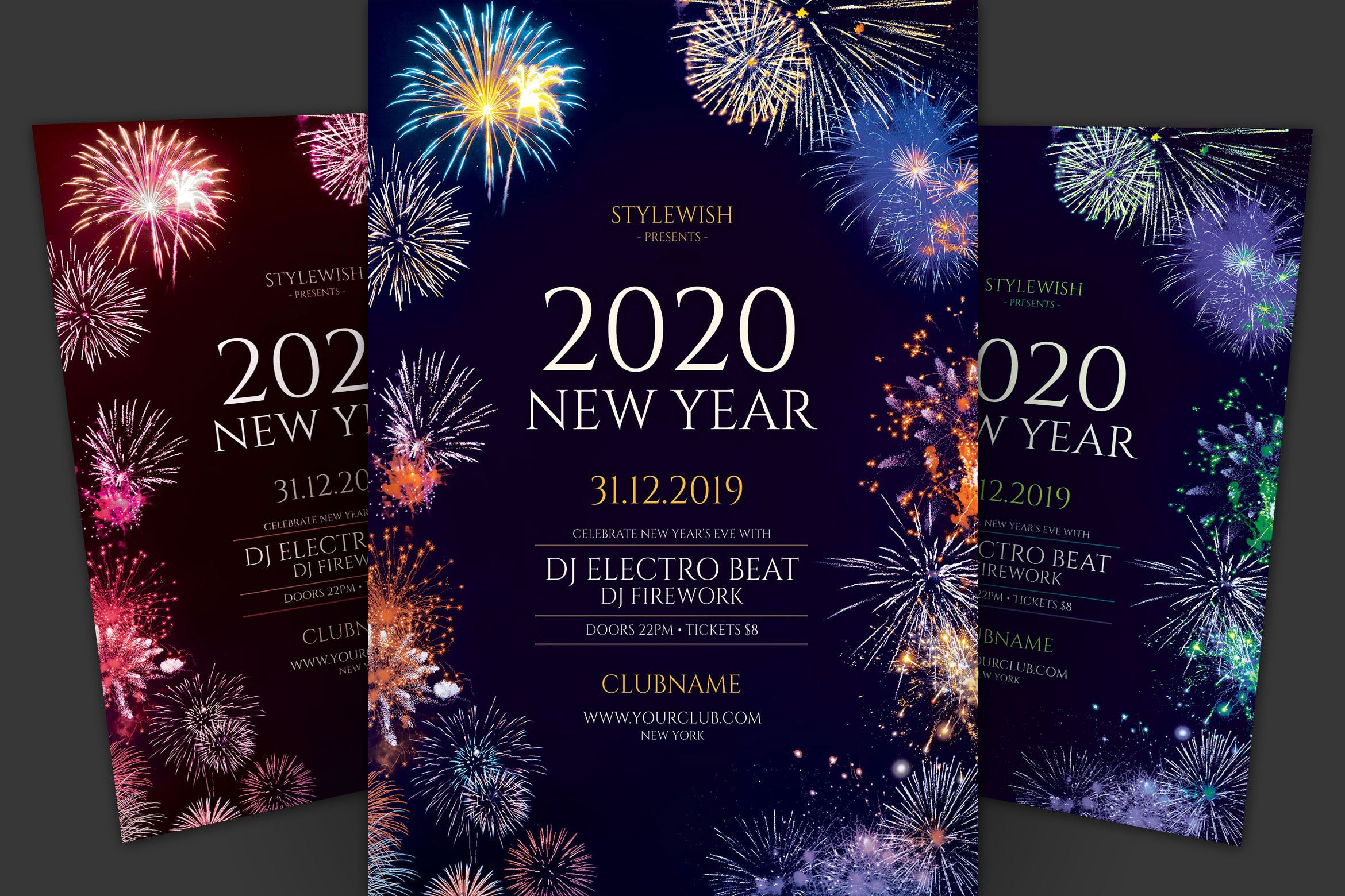 五彩烟花背景2020新年海报传单设计模板 New Year Flyer插图