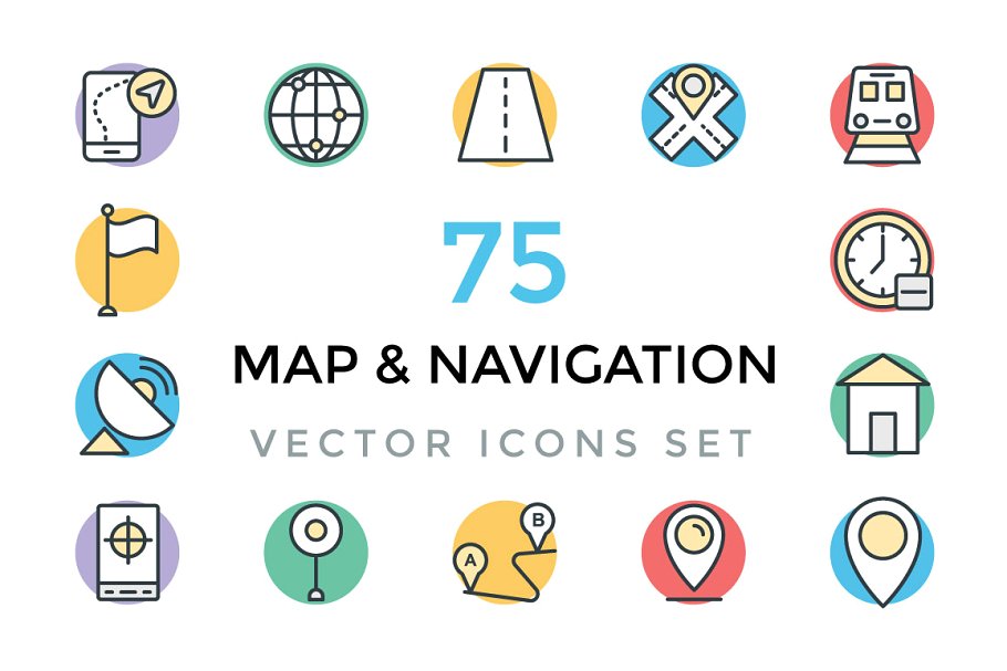 75个粗线条地图导航矢量彩色图标 75 Maps and Navigation Vector Icons插图