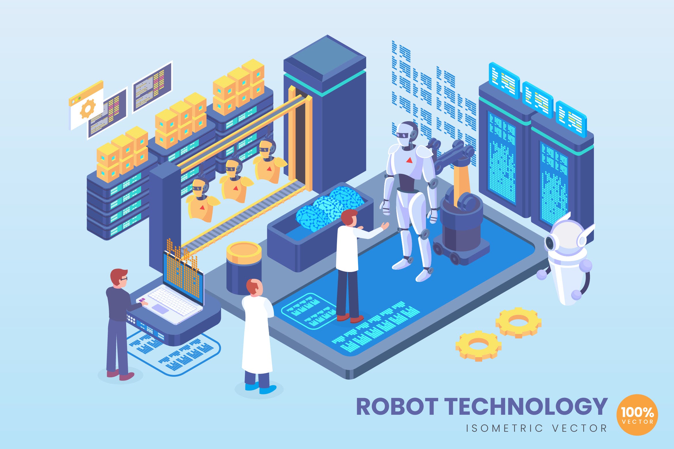 机器人开发技术主题等距概念矢量插画 Isometric Robot Development Technology Vector插图