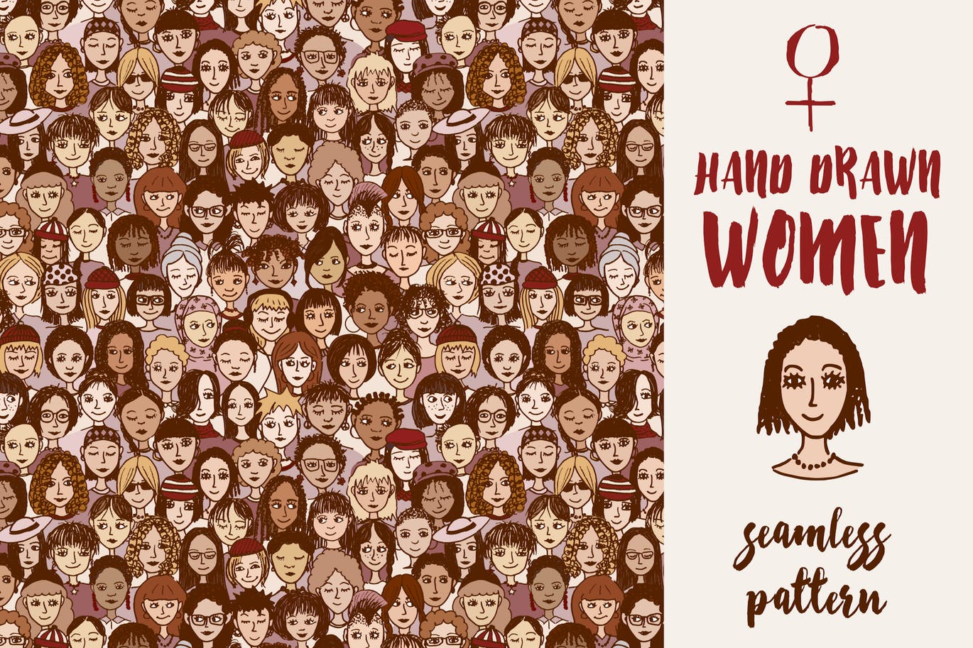 女性头像无缝手绘图案矢量背景素材 Happy Women – Seamless Hand Drawn Pattern插图