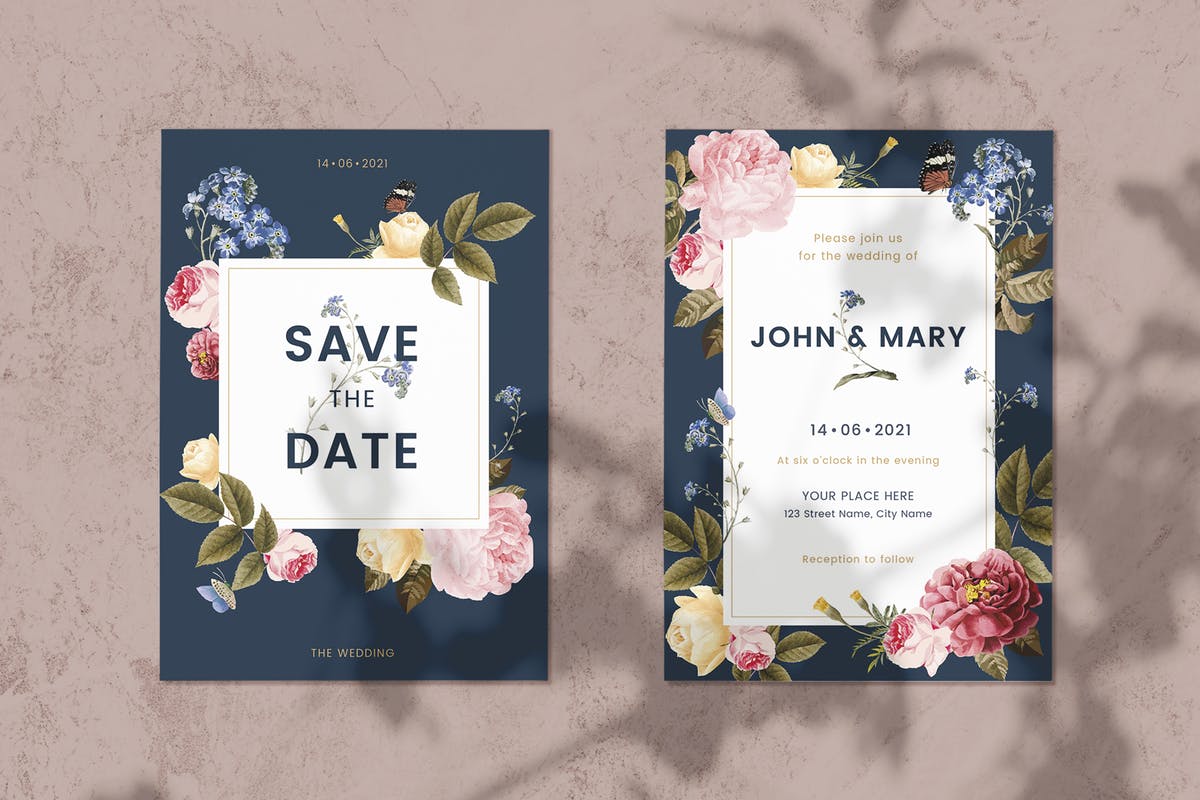 花卉装饰婚礼邀请函设计模板 Floral Wedding Invitation Card Template插图