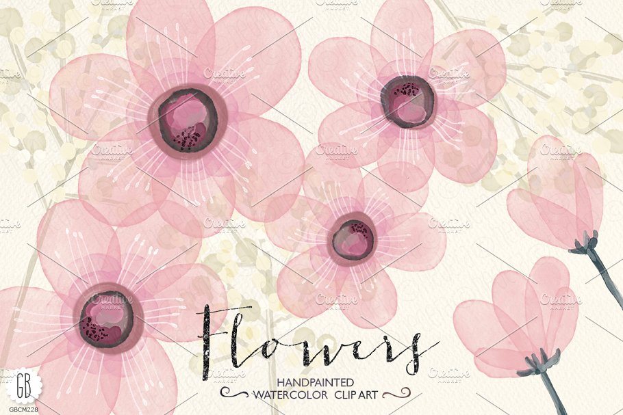 粉色手绘水彩花卉素材 Watercolor pink flowers diy invite插图(1)