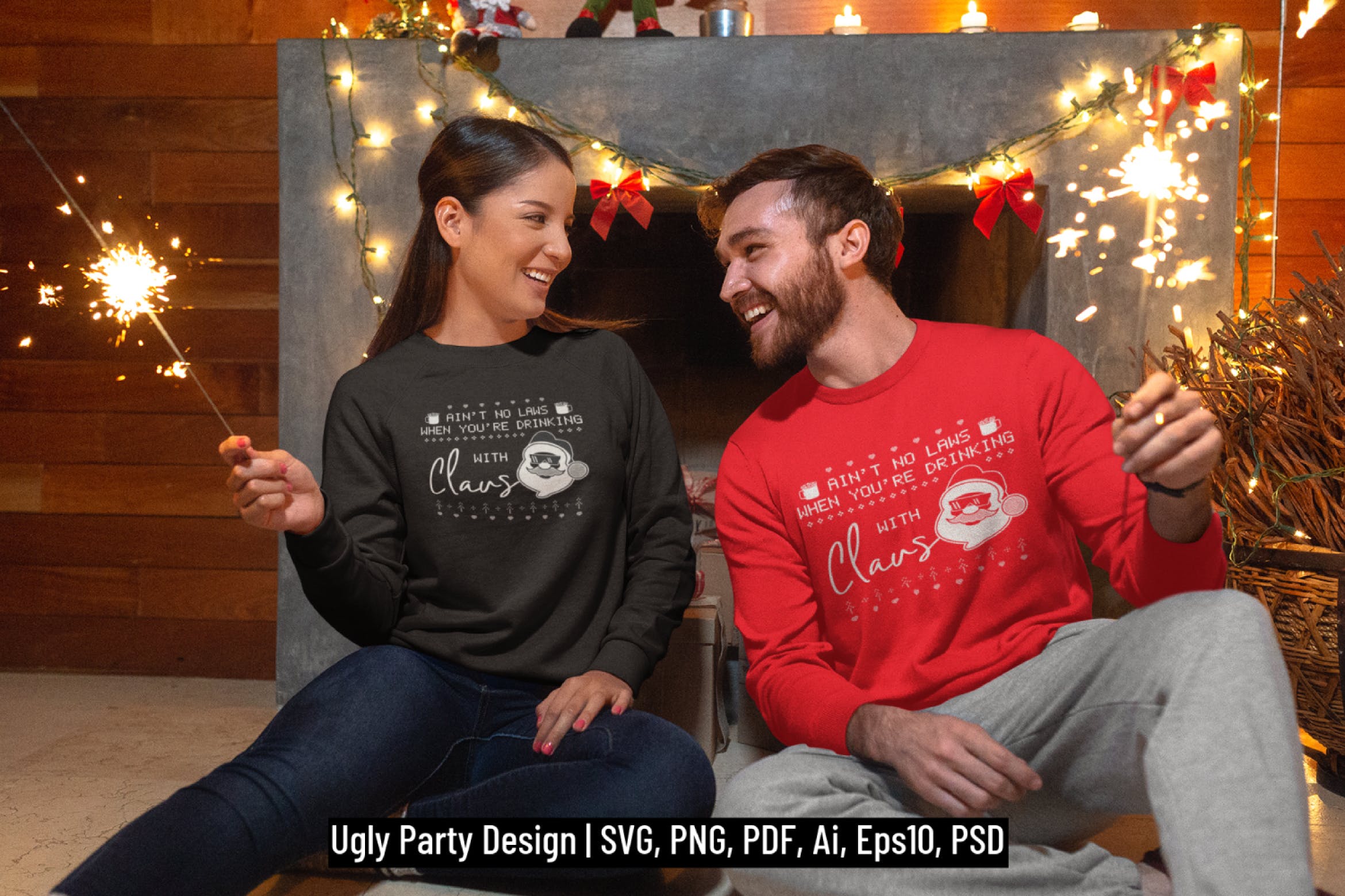 情人套装圣诞节主题T恤圣诞老人印花图案设计素材 Santa Christmas Ugly Print Template, TShirt Design插图
