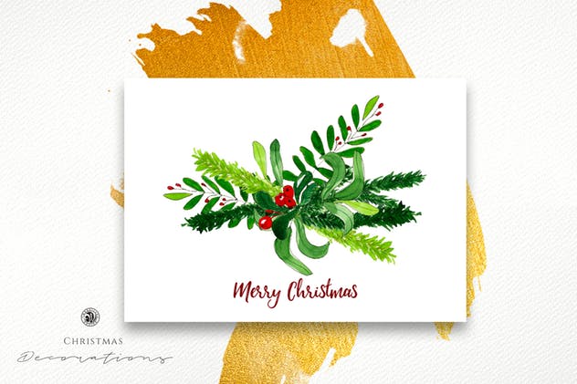 圣诞装饰绿色花环水彩插画素材 Watercolor Christmas Decorations插图1