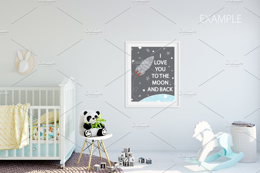 儿童主题室内墙纸设计展示和相框画框样机 Kids Interior Wall & Frames Mockup 1插图6