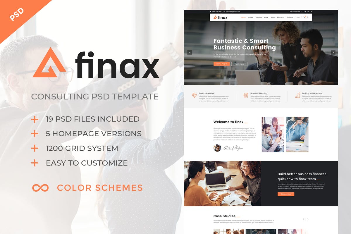 商务咨询类型企业网站PSD模板 Finax – Business Consulting PSD Template插图
