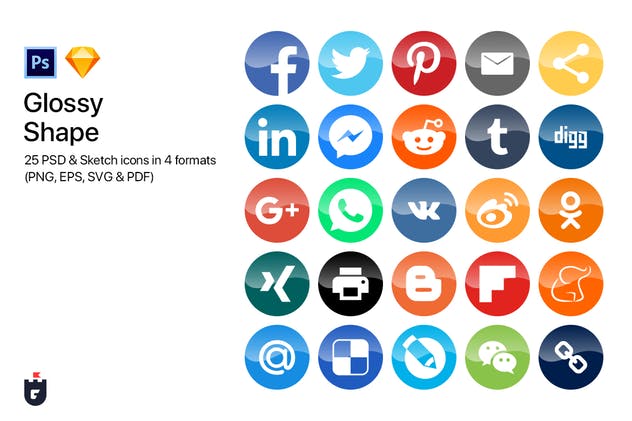25枚主流社交媒体图标[6种设计风格] 25 Most Popular Social Media Icons in 6 shapes插图(4)