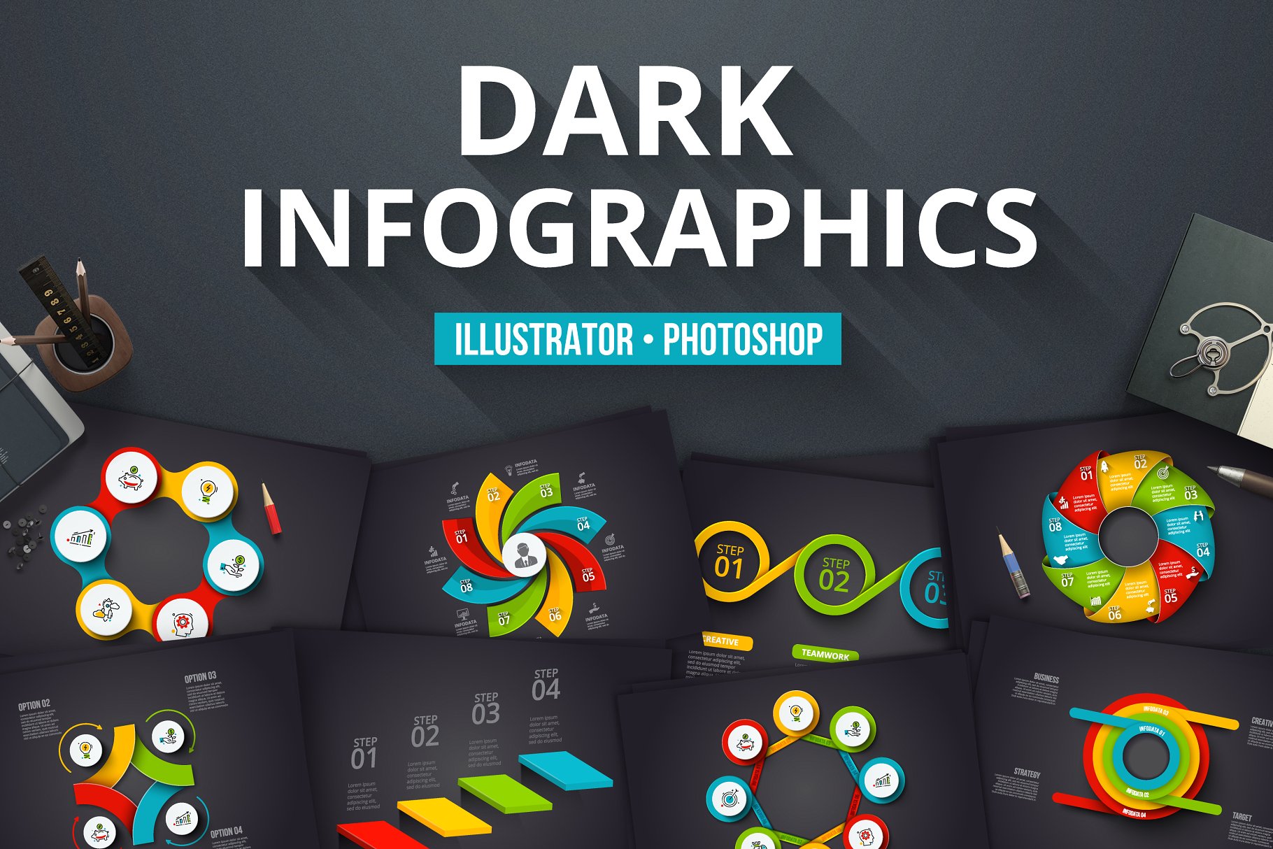 黑色背景信息图表矢量模板 Dark infographics插图