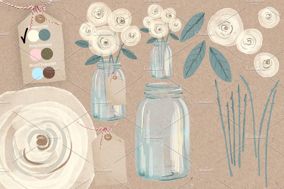 奶油玫瑰梅森罐水彩剪贴画 Watercolor cream roses mason jar插图2