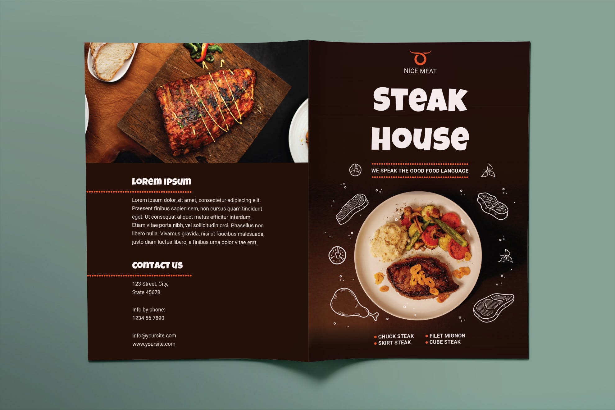 牛排餐厅对折传单设计模板 Steak House Brochure Bifold插图1