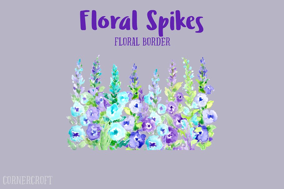 紫色水彩花穗花卉插画 Watercolor Floral Spikes Purple插图2