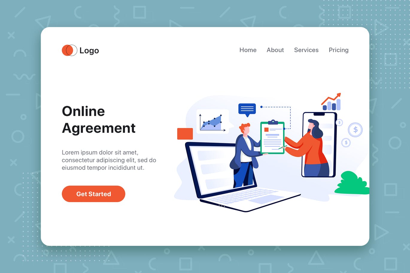 在线协议签订网站首页设计矢量插画素材 Online Agreement flat concept for Landing page插图
