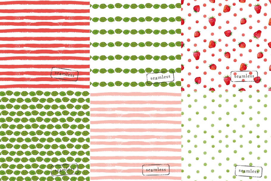 红色系水彩纸张图案纹理（手绘条纹，草莓，树叶和圆点等） Watercolor background插图1