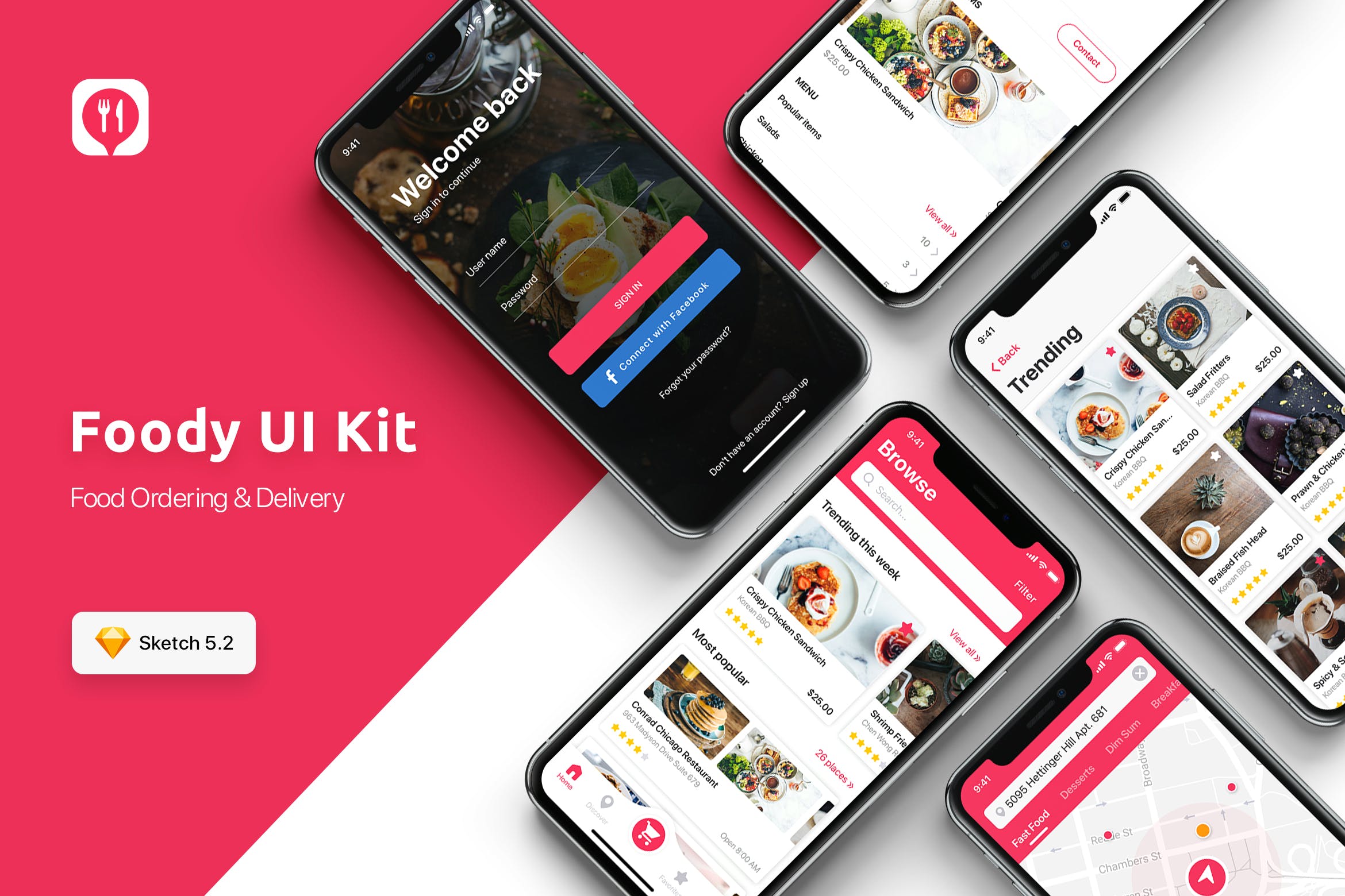 餐厅订位外卖APP应用UI设计套件SKETCH模板 Food ordering & Delivery UI Kit for SKETCH插图