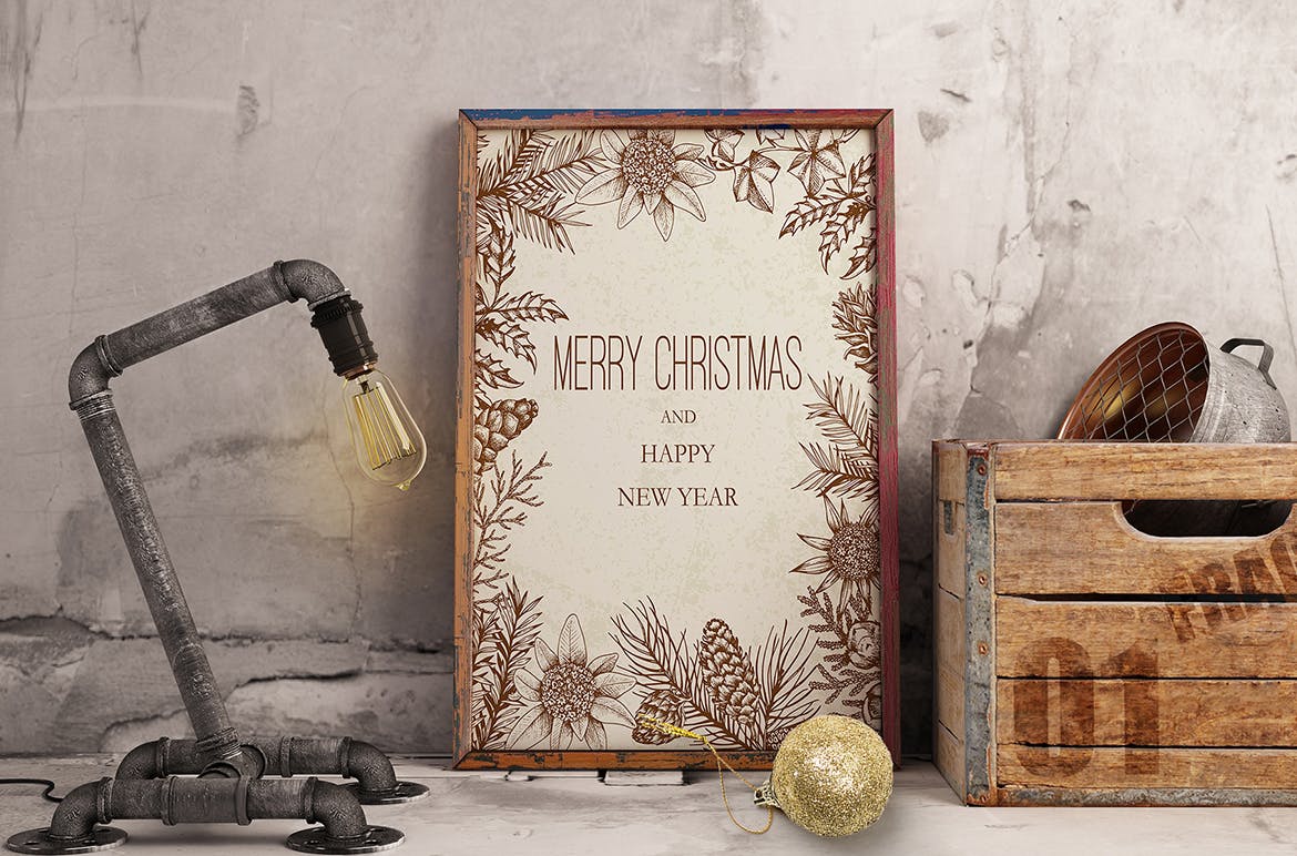 圣诞主题复古设计风格素材包[元素/背景/无缝纹理] Merry Christmas Vintage Design Kit插图7
