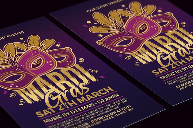狂欢节面具舞会传单海报设计模板 Mardi Gras Flyer插图(2)