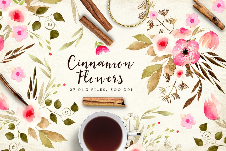 肉桂花水彩花卉剪贴画 Cinnamon Flowers插图