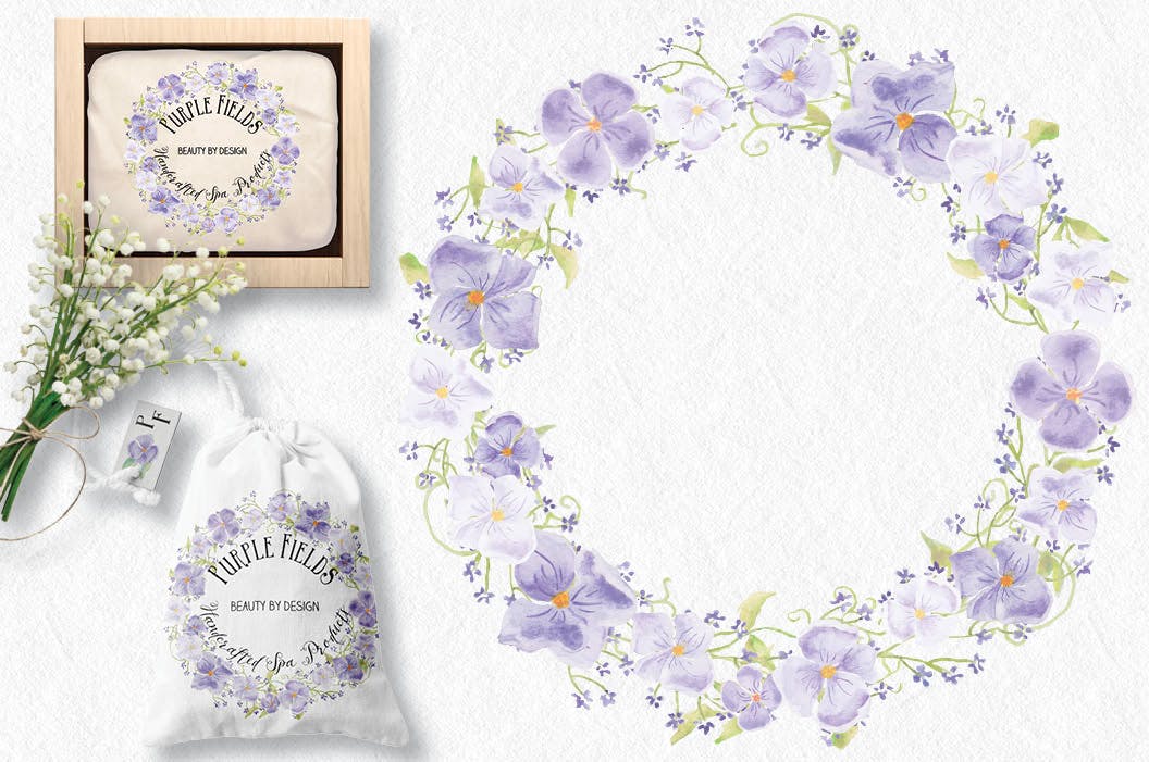 紫色水彩手绘花环图案PNG素材 Trio of Watercolor Floral Wreaths in Purple Shades插图2