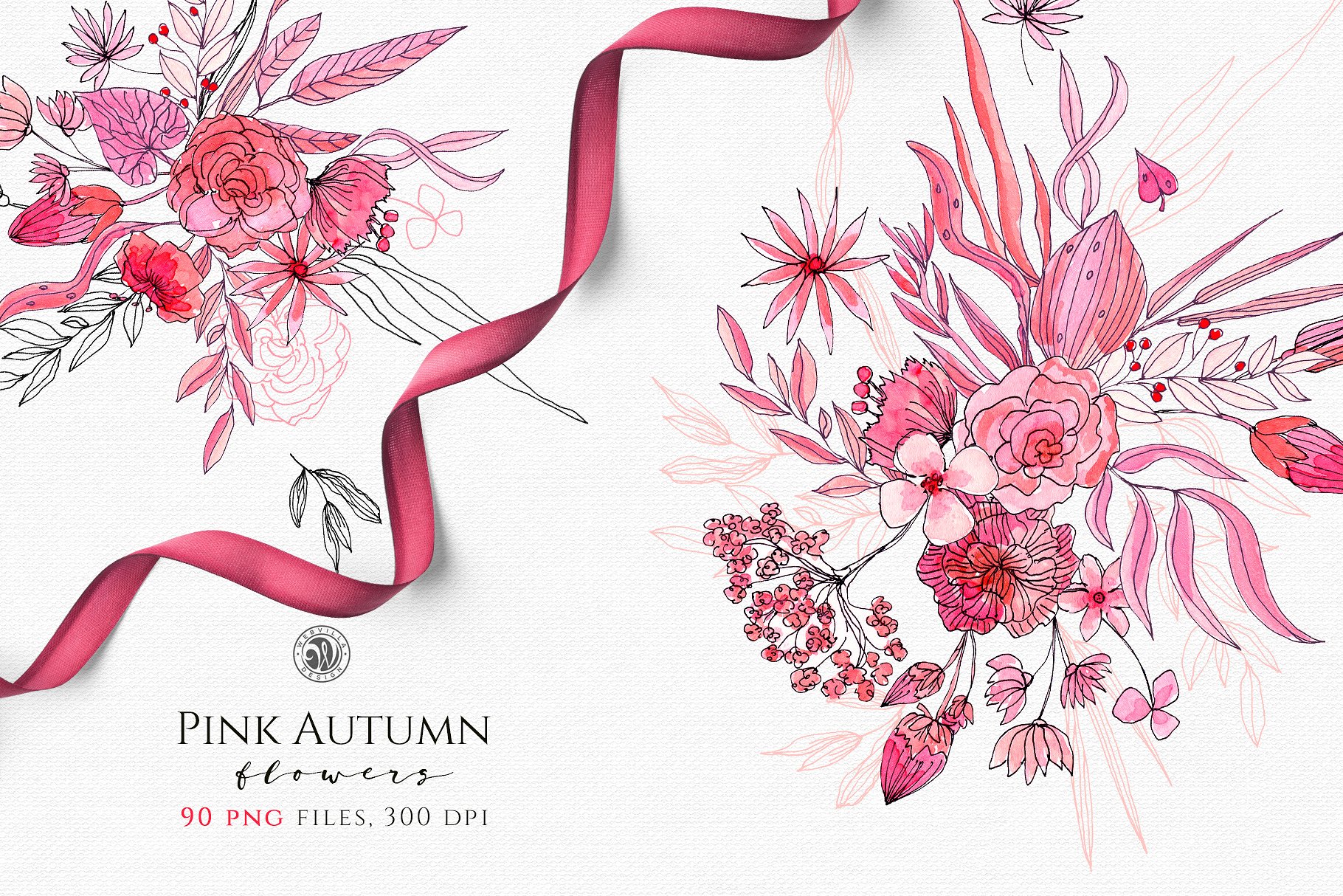 粉红水墨秋季水彩花卉插画 Pink Autumn Flowers插图