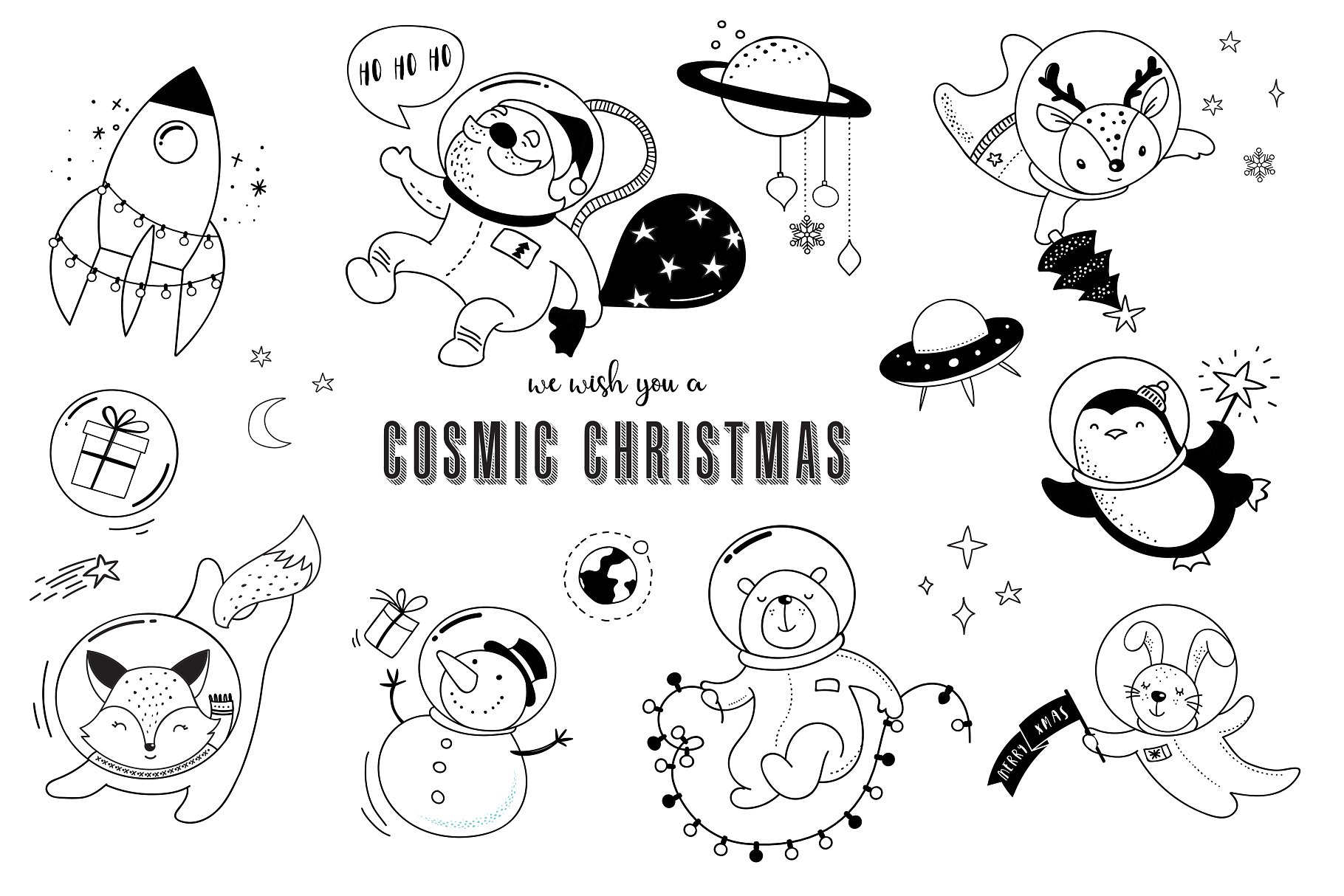 外太空宇宙圣诞节手绘插画素材 Cosmic Christmas in outer space插图2