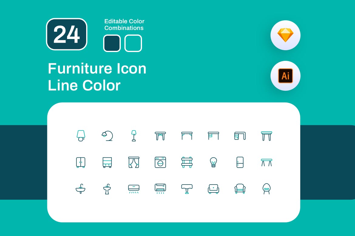 24枚建筑主题彩色线性矢量图标 Furniture Icon Line Color插图1