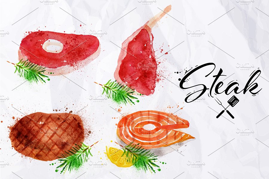 牛排/鱼排/鸡排等肉类水彩矢量插画 Set watercolor steak插图1