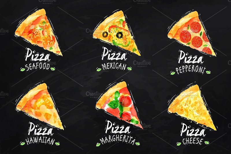 手工绘制的水彩污渍披萨插图合集 Pizza watercolor set插图(3)