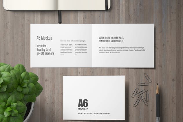 A6横向双折页宣传册样机 A6 Landscape Bi-Fold Brochure Greeting Card Mockup插图(3)