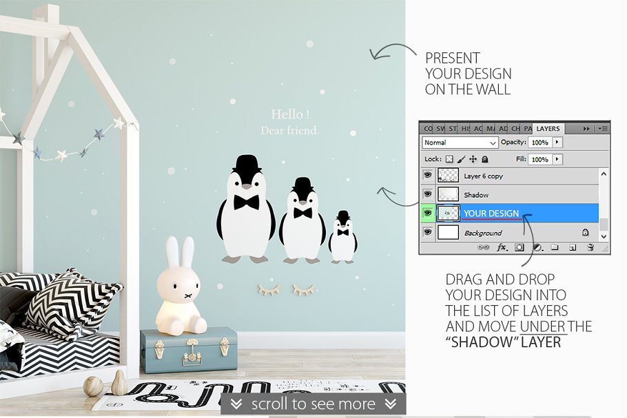 儿童卧室书房墙纸&相框样机 KIDS Interior WALL & FRAMES Mockup 3插图(3)