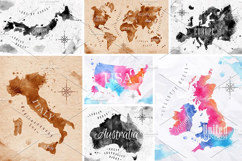 水彩世界地图矢量图形 Watercolor world map插图(5)